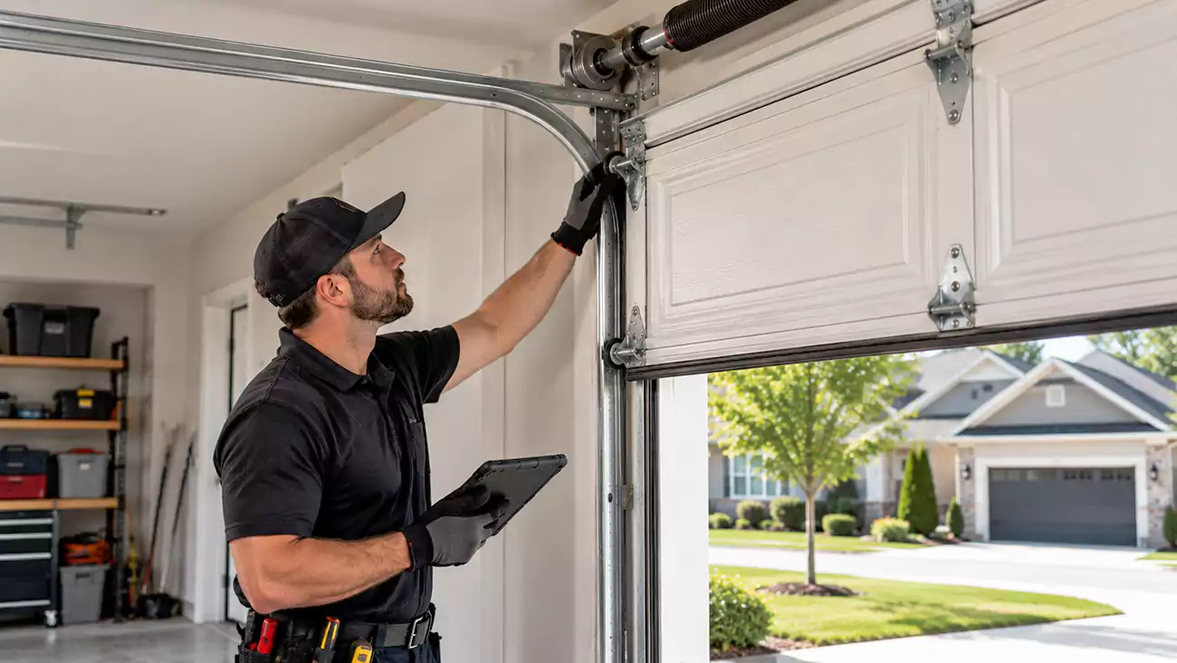 Garage door technician servicing a residential door